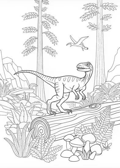 A coloring page of Velociraptor Adventure in the Prehistoric Forest