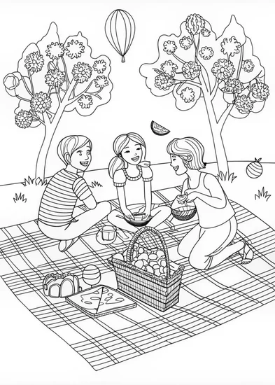 A coloring page of Watermelon Picnic with Friends