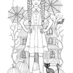 Wednesday Addams at the Arched Window Coloring Page