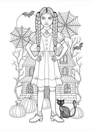 A coloring page of Wednesday Addams at the Arched Window Coloring Page