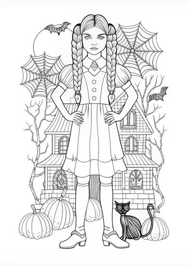 A coloring page of Wednesday Addams at the Arched Window Coloring Page