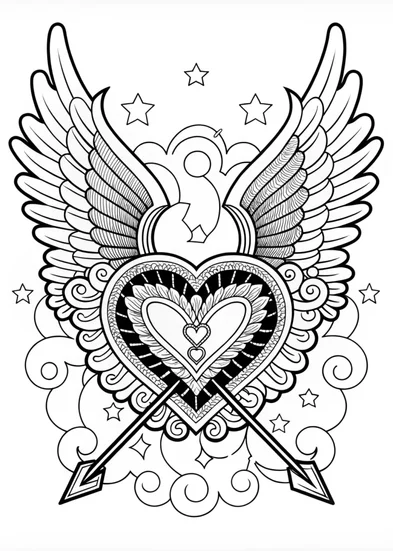 A coloring page of Winged Heart with Arrow Coloring Page