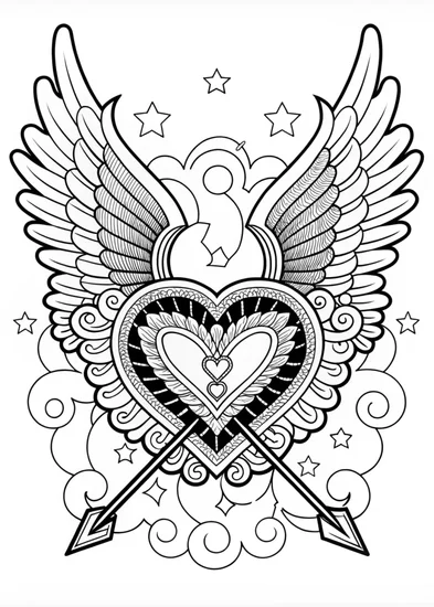 A coloring page of Winged Heart with Arrow Coloring Page