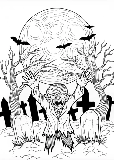 A coloring page of Zombie Rises Under a Full Moon in the Graveyard