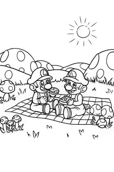 A coloring page of Mushroom Kingdom Picnic with Mario and Luigi