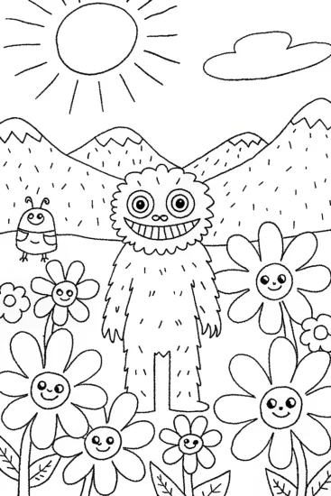 A coloring page of Huggy Wuggy’s Colorful Garden Adventure