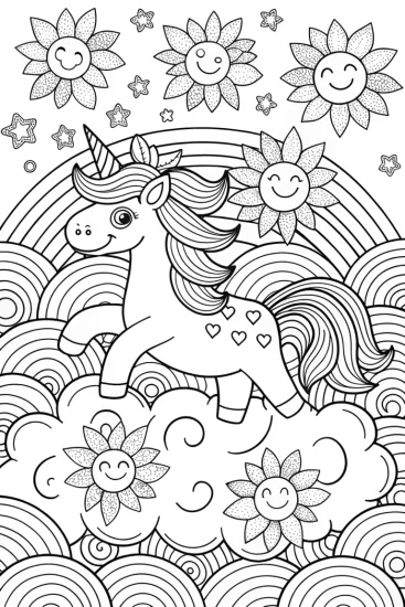 A coloring page of Unicorn’s Rainbow Adventure in Dreamland Coloring Fun