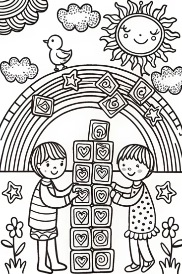 A coloring page of Building Dreams Under the Rainbow