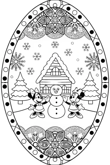 A coloring page of Mickey and Minnie’s Snowy Adventure in Winter Wonderland