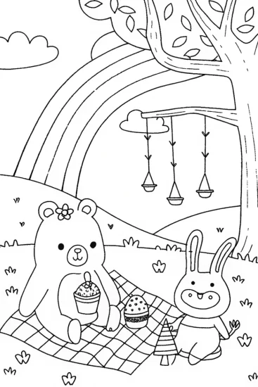 A coloring page of Rainbow Friends Picnic with Bear and Bunny