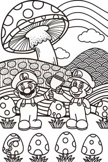 A coloring page of Mario and Luigi’s Colorful Mushroom Garden Adventure