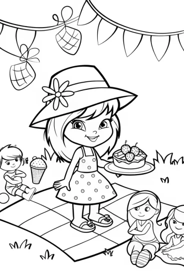 A coloring page of Strawberry Shortcake’s Fun Garden Party Adventure