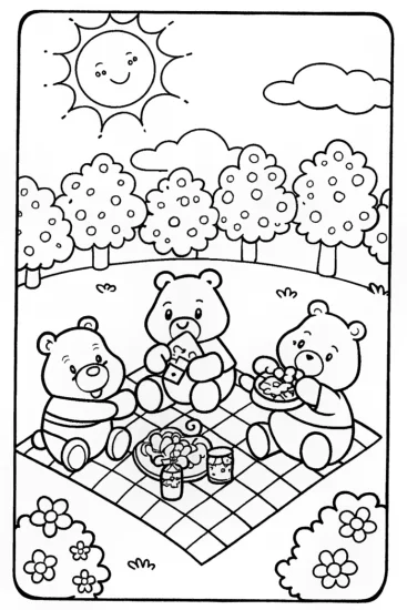 A coloring page of Care Bears Picnic Party Fun