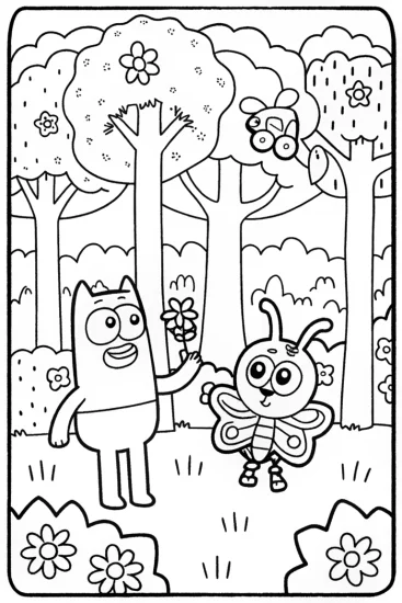 A coloring page of Bluey and the Butterfly: A Nature Adventure Coloring Fun