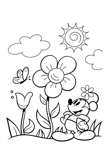 A coloring page of Mickey’s Colorful Adventure in the Garden