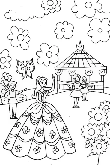 A coloring page of Barbie’s Dreamy Garden Party Adventure