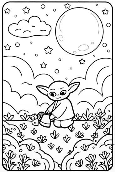 A coloring page of Baby Yoda’s Cosmic Gardening Adventure
