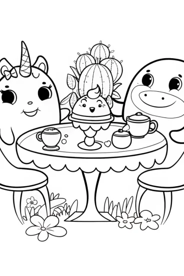 A coloring page of Squishmallow Tea Party with a Unicorn and a Duck!