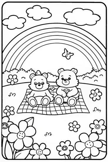 A coloring page of Care Bears’ Picnic Under the Rainbow
