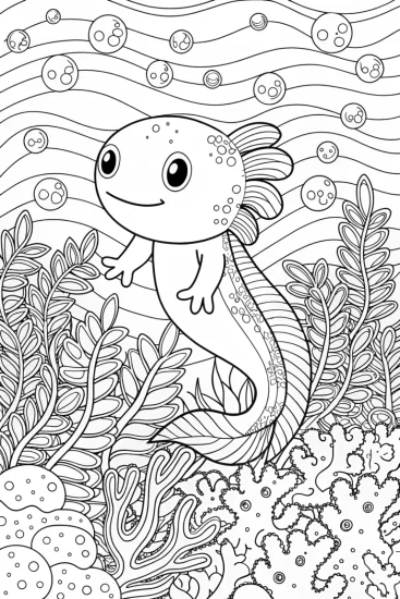 A coloring page of Axolotl’s Colorful Underwater Journey