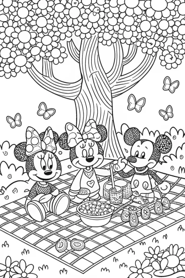 A coloring page of Mickey and Friends’ Fun Picnic Adventure