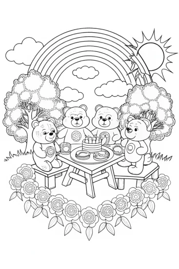 A coloring page of Care Bears’ Joyful Rainbow Tea Party Adventure