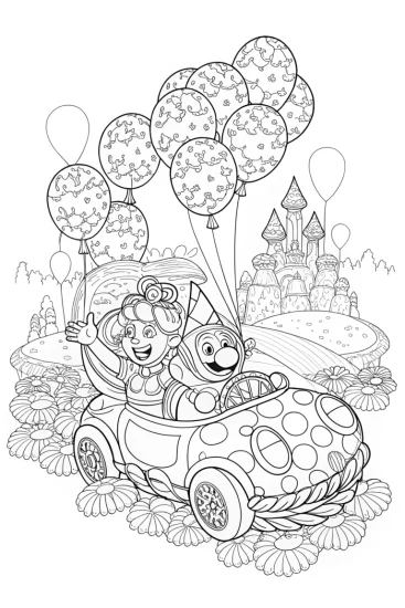 A coloring page of Mushroom Kingdom Kart Celebration Coloring Page
