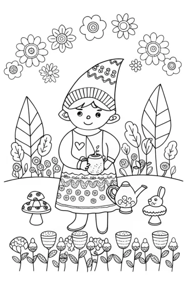 A coloring page of Gnome’s Garden Tea Party with a Friendly Bunny