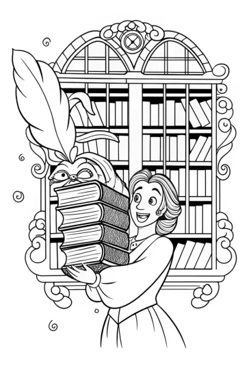 A coloring page of Belle in the magical library coloring page