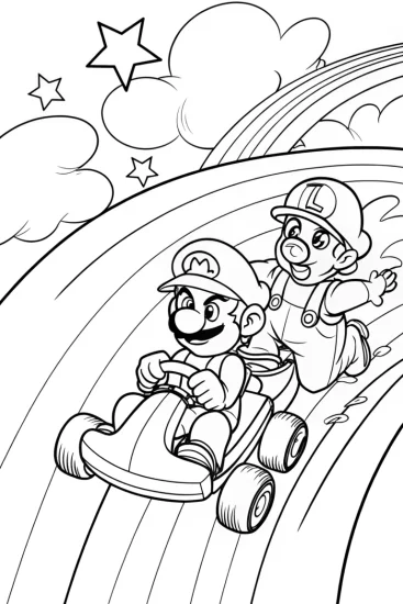 A coloring page of Rainbow Road Racing Adventure with Mario and Luigi
