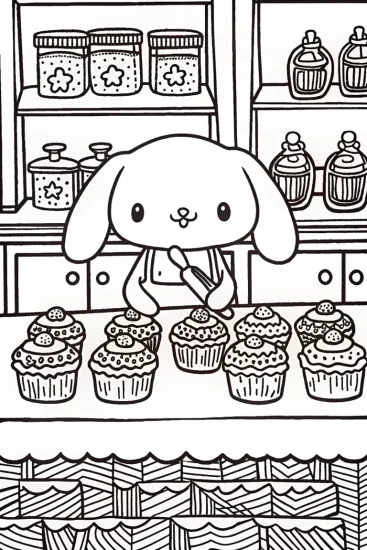 A coloring page of Cinnamoroll’s Sweet Treats in the Bakery Adventure