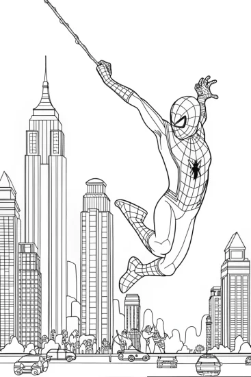 A coloring page of Miles Morales Swinging Through the Cityscape Adventure