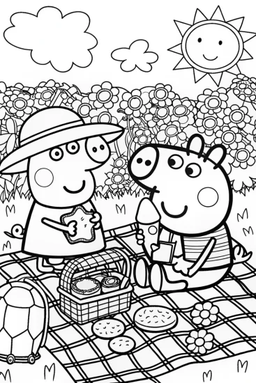 A coloring page of Peppa and George’s Fun Garden Picnic Adventure