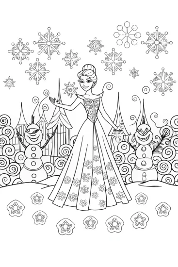 A coloring page of Elsa at the Frosty Festival Coloring Page