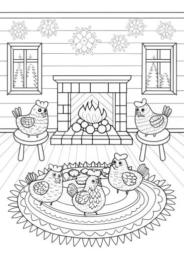 A coloring page of Chickens’ Cozy Winter Retreat with Henrietta and Friends