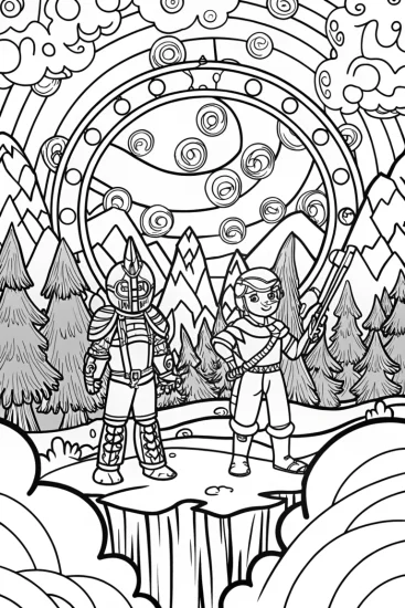 A coloring page of Mystical Rift Guardians: Valor and Adventure Await!