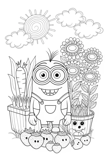 A coloring page of Minion’s Colorful Gardening Adventure