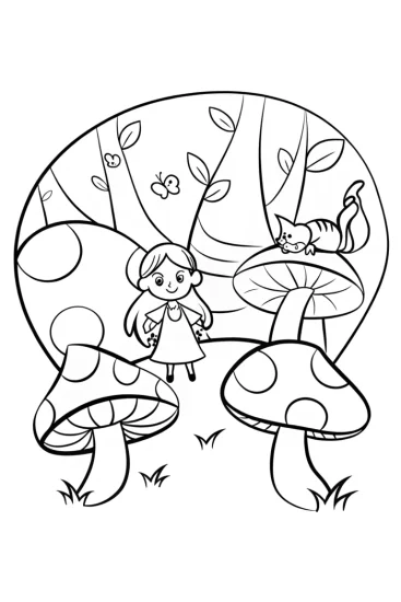 A coloring page of Harmony in the Forest with Lily and Her Cat