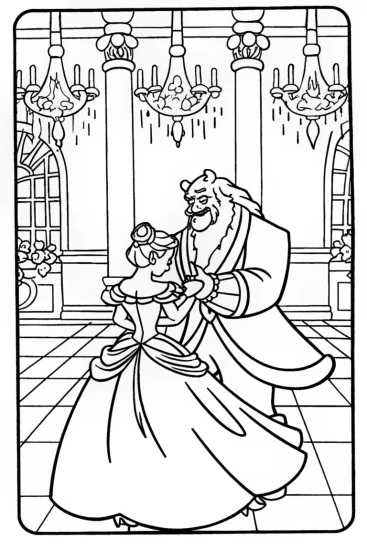A coloring page of Enchanted Dance with Belle and the Beast
