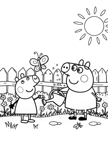 A coloring page of Peppa Pig’s colorful garden fun