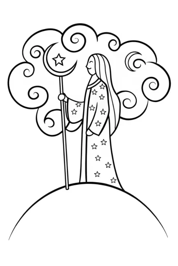 A coloring page of Celestial Guardian and the Enchanted Starry Night