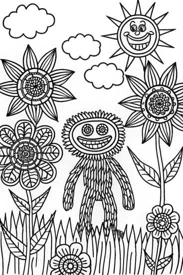 A coloring page of Huggy Wuggy’s Enchanted Flower Adventure