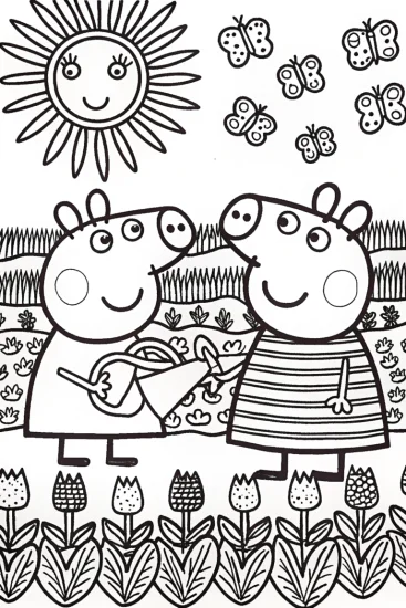 A coloring page of Peppa Pig’s Joyful Day in the Garden