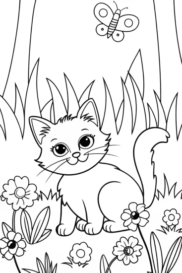 A coloring page of The Cat’s Enchanted Adventure in the Garden