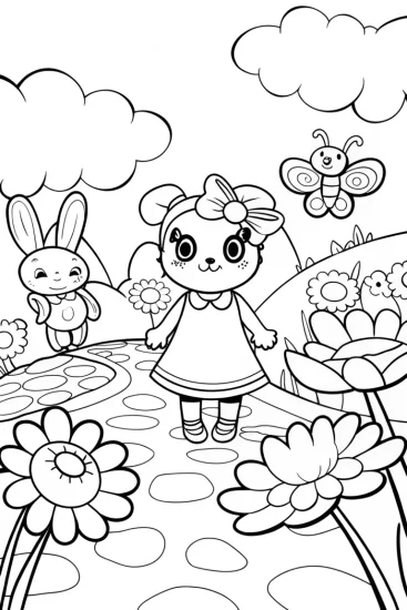 A coloring page of Hello Kitty’s Enchanted Garden Adventure Coloring Fun