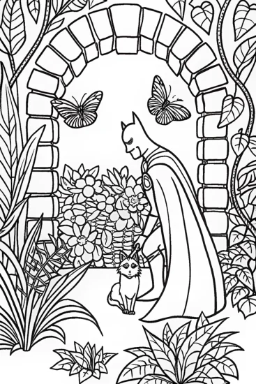A coloring page of Batman’s Secret Garden Hideout Coloring Page