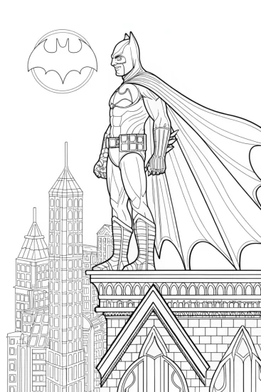 A coloring page of The Dark Knight’s Rooftop Adventure with Batman