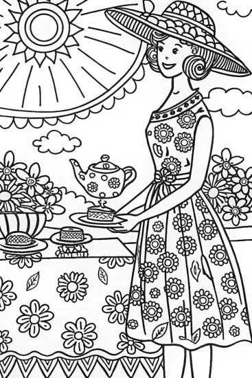 A coloring page of Barbie’s magical garden tea party coloring fun