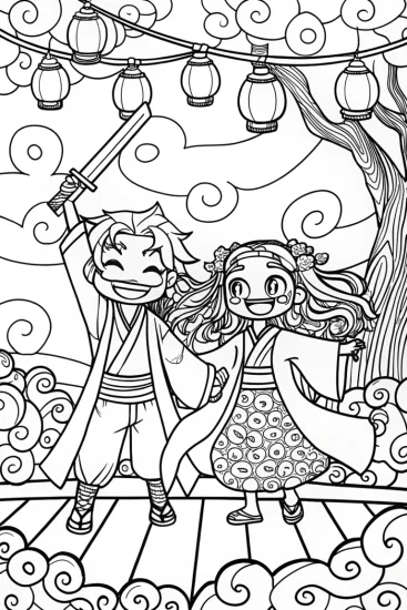 A coloring page of Dance of Joy: Embracing the Spirits Together