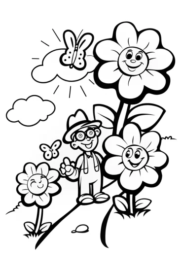 A coloring page of Blippi’s Fun Day in the Colorful Garden
